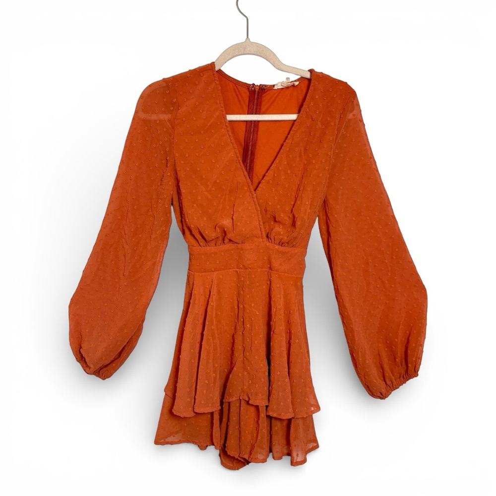 Entro Burnt Orange Swiss Dot Long Sleeve Romper Boho Festival Small